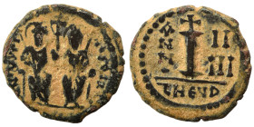 Justin II, with Sophia. 565-578. Decanummium (bronze, 2.72 g, 18 mm), Theoupolis (Antioch). Justin II, holding scepter in his right hand, and Sophia, ...