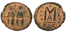 Justin II, with Sophia, 565-578. Follis (bronze, 7.95 g, 26 mm), Moneta Militaris Imitativa. Justin, holding globus cruciger, and Sophia, holding cruc...
