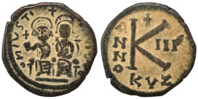 Justin II, with Sophia, 565-578. Half Follis (bronze, 7.70 g, 24 mm), Cyzicus. Justin, holding globus cruciger, and Sophia, holding cruciform scepter,...