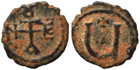 Tiberius II Constantine, 578-582. Pentanummium (bronze, 1.00 g, 13 mm), Theoupolis (Antioch). Monogram of Tiberius II Constantine. Rev. Large Ч; above...