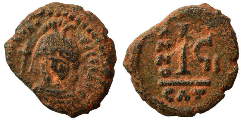 Maurice Tiberius, 582-602. Decanummium (bronze, 4.47 g, 15 mm), Catania. Crowned...
