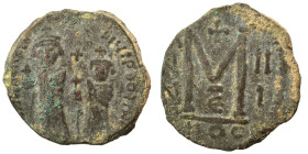 Heraclius, with Heraclius Constantine. 610-641. Follis (bronze, 8.60 g, 25 mm), uncertain Syrian mint. Heraclius and Heraclius Constantine standing fa...