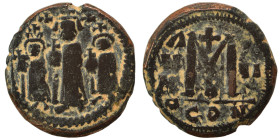 Heraclius, with Martina and Heraclius Constantine. 610-641. Follis (bronze, 7.41 g, 23 mm), Constantinople. Heraclius, in center, flanked by Martina, ...