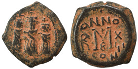 Heraclius, with Martina and Heraclius Constantine, 610-641. Follis (bronze, 6.22 g, 24 mm), Constantinople. Heraclius, in center, flanked by Martina, ...