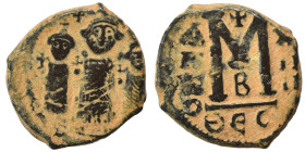 Heraclius, with Martina and Heraclius Constantine, 610-641. Follis (bronze, 7.45 g, 23 mm), Thessalonica. Heraclius, Heraclius Constantine, and Martin...