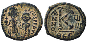 Heraclius, with Heraclius Constantine, 610-641. Half follis (bronze, 3.87 g, 20 mm), Thessalonica. O N hЄRACIVS P P AV Heraclius, on the left, and Her...