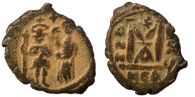 Heraclius, 610-641. Follis (bronze, 6.11 g, 25 mm), Arab Byzantine war issue. Military mint in Palestine, likely Neapolis (Nablus). Heraclius, on the ...