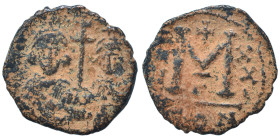 Justinian II, with Tiberius, second reign, 705-711. Follis (bronze, 2.74 g, 20 mm), Constantinople. [d N IЧSTINIANЧS ET TIbERIЧS P] Crowned fcing half...