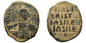 Anonymous, time of Basil II and Constantine VIII, 976-1028. Follis (bronze, 13.41 g, 30 mm), Constantinople. +EMMA-NOVHΛ bust of Christ facing, wearin...