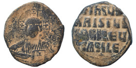 Anonymous, time of Basil II and Constantine VIII, 976-1028. Follis (bronze, 12.71 g, 30 mm), Constantinople. +EMMA-NOVHΛ bust of Christ facing, wearin...