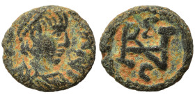 OSTROGOTHS. Athalaric, 526-534. Nummus (bronze, 0.97 g, 10 mm), Rome. In the name of Justinian I. IVSTINIAN Diademed, draped and cuirassed bust right....