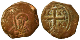 CRUSADERS. Principality of Antioch. Tancred, regent, 1101-1112. Follis (bronze, 4.00 g, 20 mm). Armored, bearded bust of Tancred facing, holding uprai...