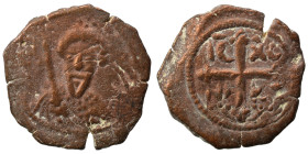 CRUSADERS. Principality of Antioch. Tancred, regent, 1101-1112. Follis (bronze, 5.14 g, 22 mm). Armored, bearded bust of Tancred facing, holding uprai...