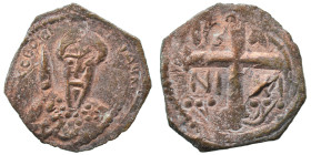 CRUSADERS. Principality of Antioch. Tancred, regent, 1101-1112. Follis (bronze, 2.02 g, 20 mm). Armored, bearded bust of Tancred facing, holding uprai...