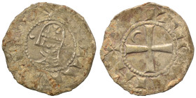 CRUSADERS. Principality of Antioch. Bohémond III, 1163-1201. Denier (silver, 0.90 g, 17 mm). +BOAMVNDVS Helmeted head of a knight to left flanked by c...
