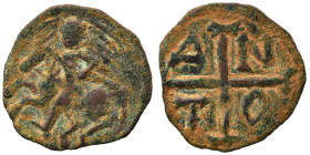 CRUSADERS, Principality of Antioch. Anonymous. Time of Levon I of Armenia, 1198-1219. Ae (bronze, 1.08 g, 17 mm). Crusader right on horseback, holding...