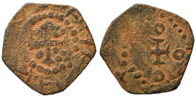 CRUSADERS. County of Tripoli. Raymond I / Raymond II, 1st half of 12th cent. Ae (bronze, 1.66 g, 15 mm). [RAIMV]NDI COMITI Cross pattée with annulet a...
