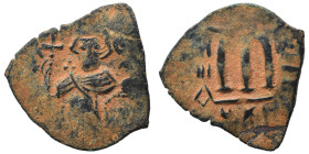 Arab-Byzantine, Umayyad Caliphate, circa 641-660. Fals (bronze, 2.26 g, 22 mm). Imitative of Constans II, standing imperial figure, holding globus cru...