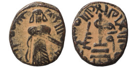 Arab Byzantine. Umayyad Caliphate. al-Malik ibn Marwan, AH 65-86 / AD 685-705. Fals (bronze, 3.15 g, 18 mm), 'Standing Caliph' type. Caliph standing f...
