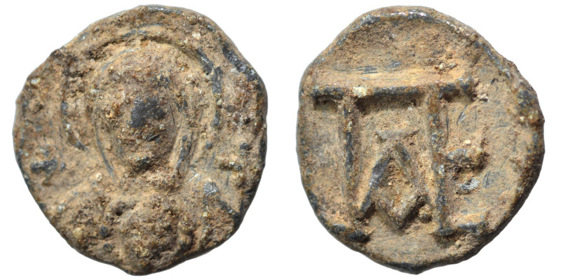 Byzantine seal, (lead, 2.97 g, 15 mm). Facing bust of Virgin Mary. Rev. Mongram....