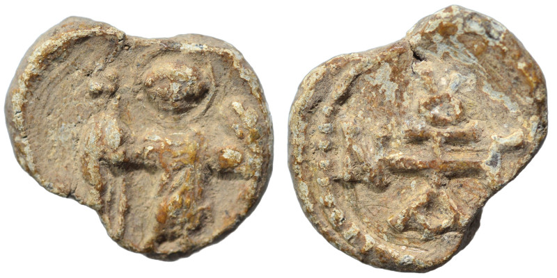 Byzantine seal, (lead, 3.75 g, 17 mm). Standing saint. Rev. Mongram. Nearly very...