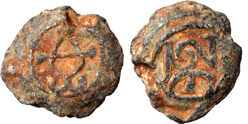 Byzantine seal (lead, 5.29 g, 17 mm). Monogram. Rev. Uncertain symbol or monogra...
