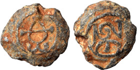 Byzantine seal (lead, 5.29 g, 17 mm). Monogram. Rev. Uncertain symbol or monogram. Nearly very fine.