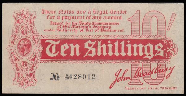 Ten Shillings Bradbury De La Rue Red 1914 T9 A/20 428012 Good Fine or better a c...