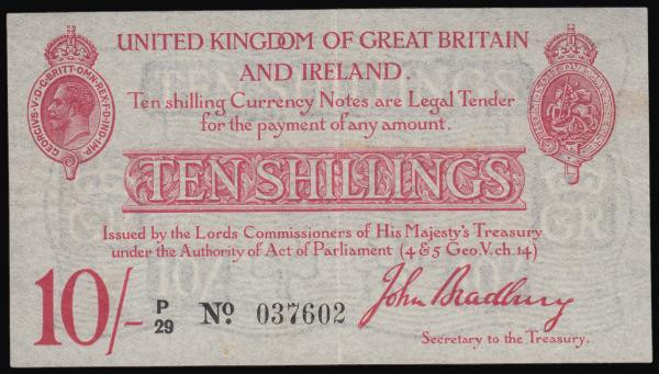 Ten Shillings Bradbury T13.1 issued 1915 series P/29 037602 VF
Estimate: GBP 12...