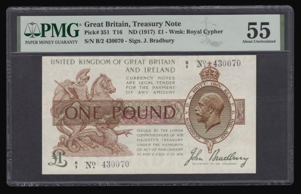 One Pound Bradbury T16 issued 1917 first series B/2 430070, About Uncirculated P...