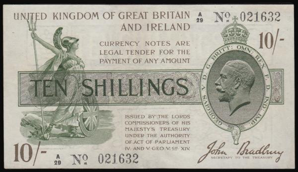 Ten Shilling Bradbury. 1918 green, brown and purple George V at left T18 A/29 02...