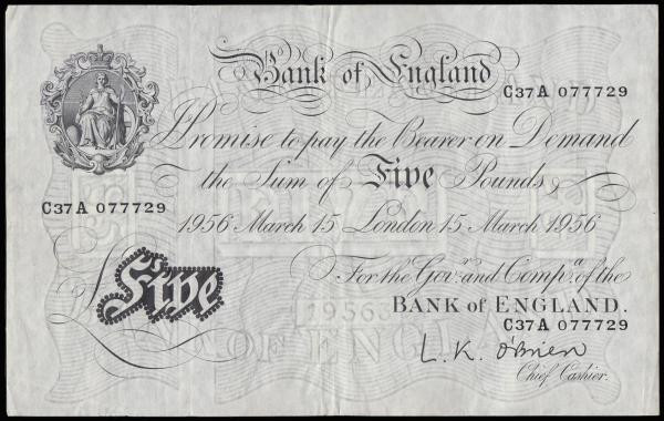 Five Pounds O'Brien white B276 dated 15 March 1956 prefix C37A, VF with bank sta...