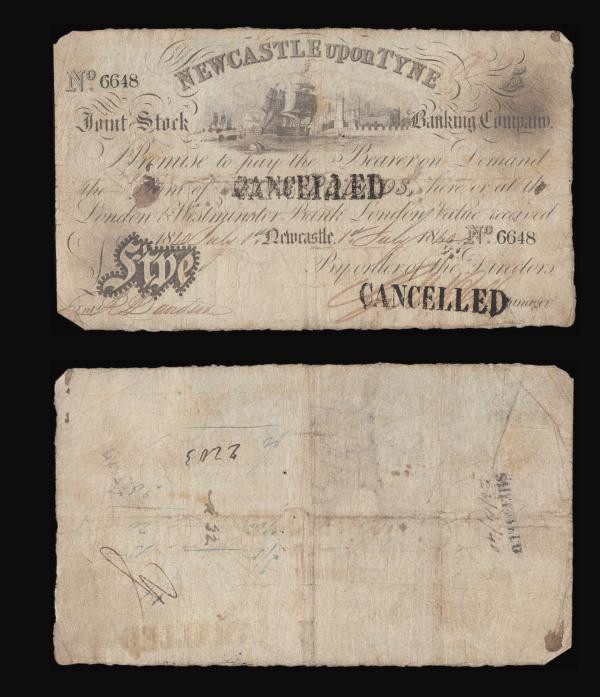 Newcastle upon Tyne &pound;5 Joint Stock Bank (2) dated 1838 No.4776 and 1840 No...