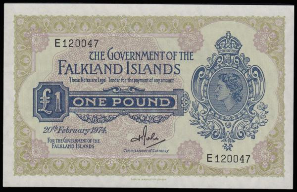 Falkland Islands &pound;1 dated 20th February 1974 series E120047 Pick8b, UNC
E...