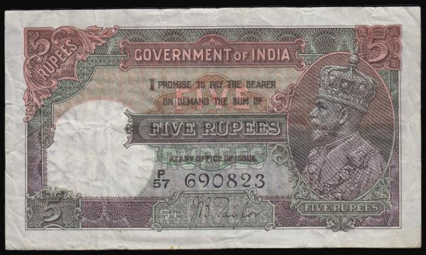 India Government 5 Rupees issued 1928 - 1935 series P/57 690823, King George V p...