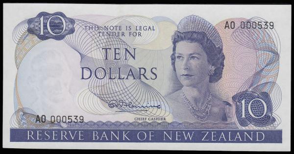 New Zealand 10 Dollars (1967-68) Flemming Pick 166a Unc series AO 000539
Estima...