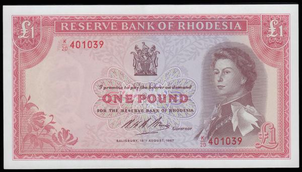 Rhodesia Reserve Bank 1 Pound dated 18th August 1967 series K/20 401039, Pick28b...