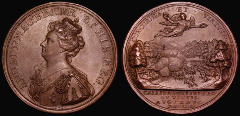 Battle of Malplaquet 1709 47mm diameter in bronze by J. Croker, Obverse: Bust le...