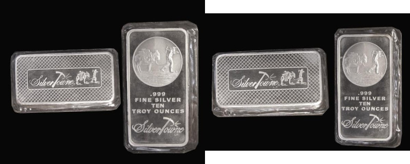 Silver Ingots (2) each 10 ounces of .999 silver by Silver Towne, both lustrous U...