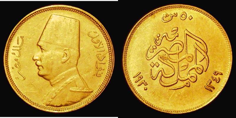 Egypt 50 Piastres Gold AH1349 - 1930 KM#353 VF with some surface marks, the obve...