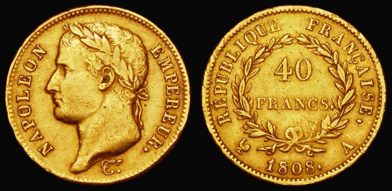 France 40 Francs Gold 1808A Paris Mint KM#688.1 Fine with some scratches below F...