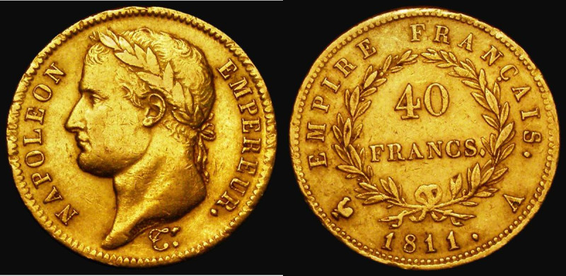 France 40 Francs Gold 1811A, Paris Mint, KM#696.1 Good Fine/Fine, lightly cleane...