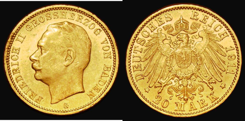 German States - Baden 20 Marks Gold 1911G KM#284 GEF/AU, the reverse lustrous, t...