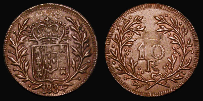 Portuguese India - Goa Ten Reis 1834 Copper Pattern, Obverse: Crowned arms withi...