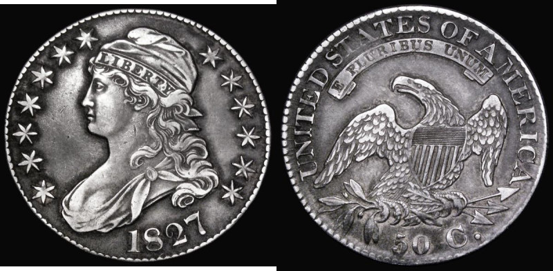 USA Half Dollar 1827 fancy 2 with flat base, Large C in 50C, Breen 4670
Estimat...