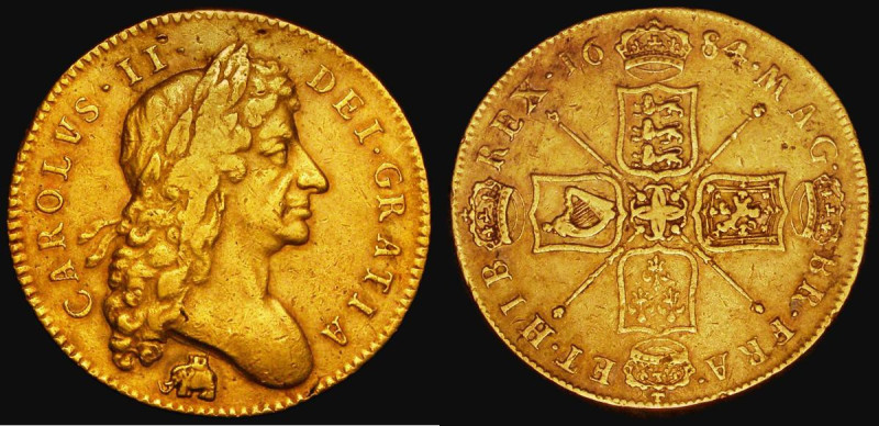 Five Guineas 1684 Elephant and castle below bust, TRICESIMO SEXTO edge, S.3332, ...