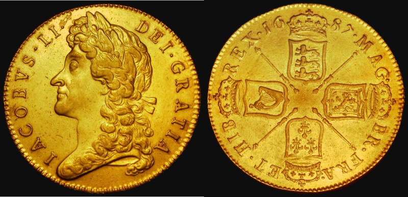 Five Guineas 1687 Second Bust, TERTIO edge S.3397A NEF/GVF the fields showing so...