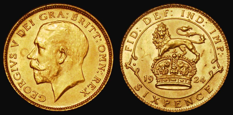 Sixpence 1924 Trial strike in gold, Obverse with number 2 officially stamped bef...