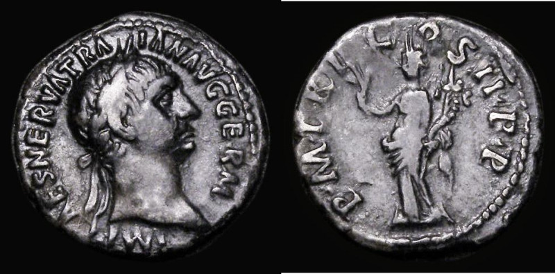 Roman Denarius Trajan (98-99AD) Obverse: Laureate head right, IMP CAES NERVA TRA...