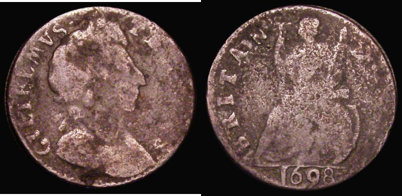 Farthing 1698 Date in Exergue Peck 663 Fair, Very rare and seldom offered in any...